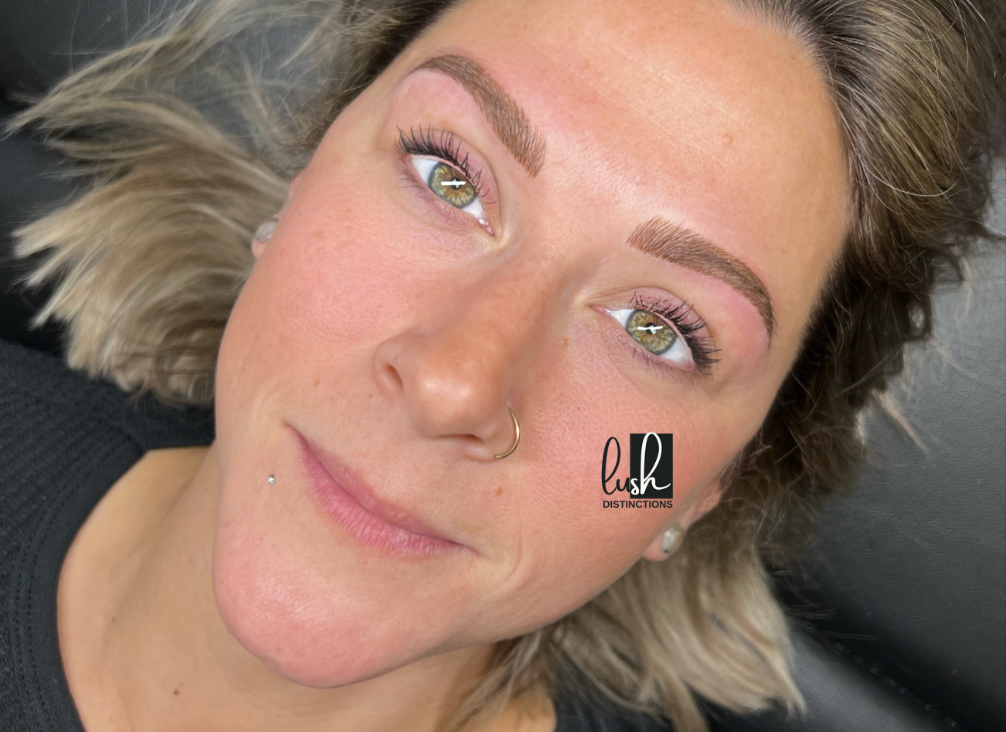 Combo brow treatment by Lush Distinctions: client showcasing a blend of microblading and shading for a natural, defined look.